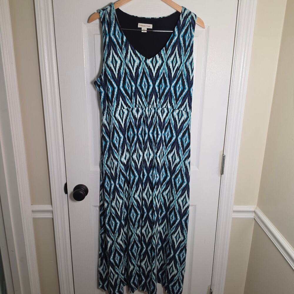 Coldwater Creek Size XL Blue Ikat Diamond Geometric Sleevless Maxi Dress Boho - Picture 6 of 7